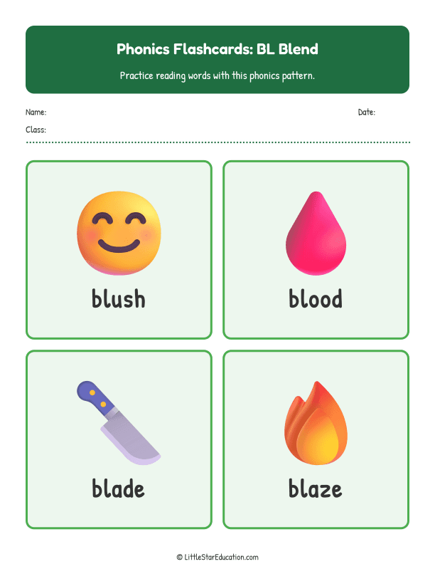 Elementary Phonics Flashcards Bl Blend
