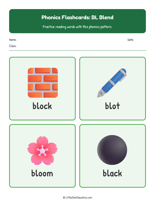 Elementary Phonics Flashcards Bl Blend