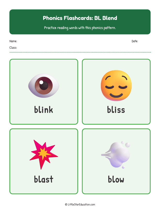 Elementary Phonics Flashcards Bl Blend