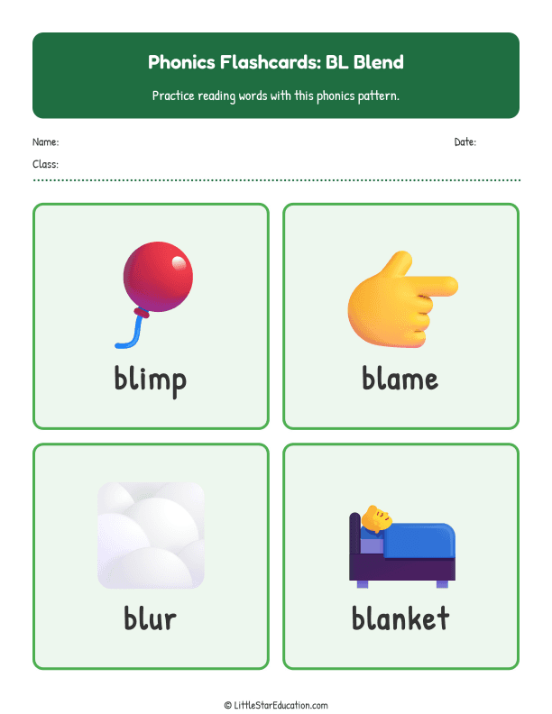 Elementary Phonics Flashcards Bl Blend