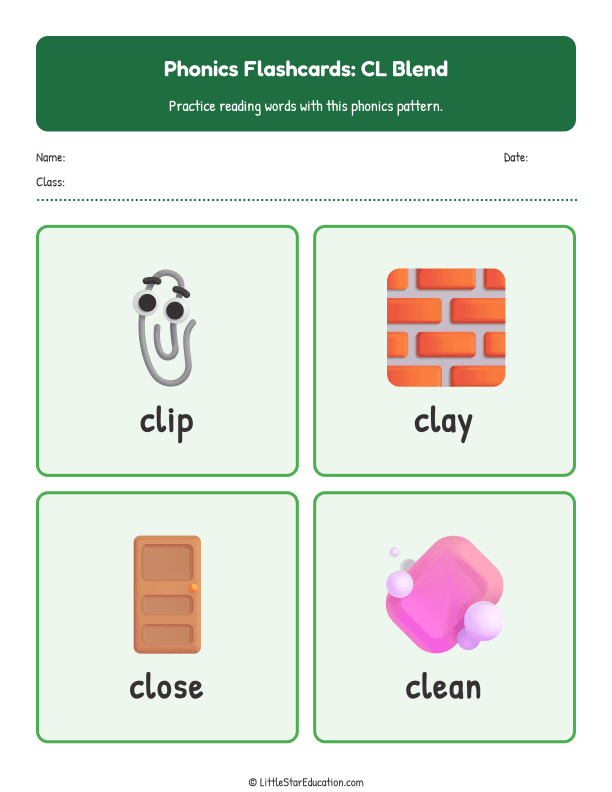 Elementary Phonics Flashcards Cl Blend