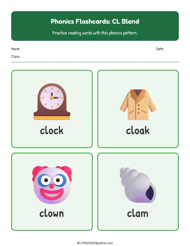 Elementary Phonics Flashcards Cl Blend