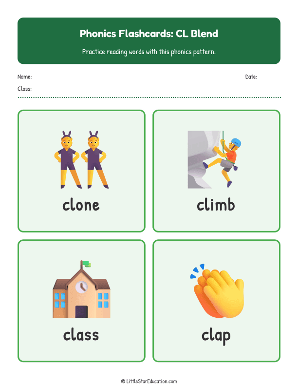Elementary Phonics Flashcards Cl Blend