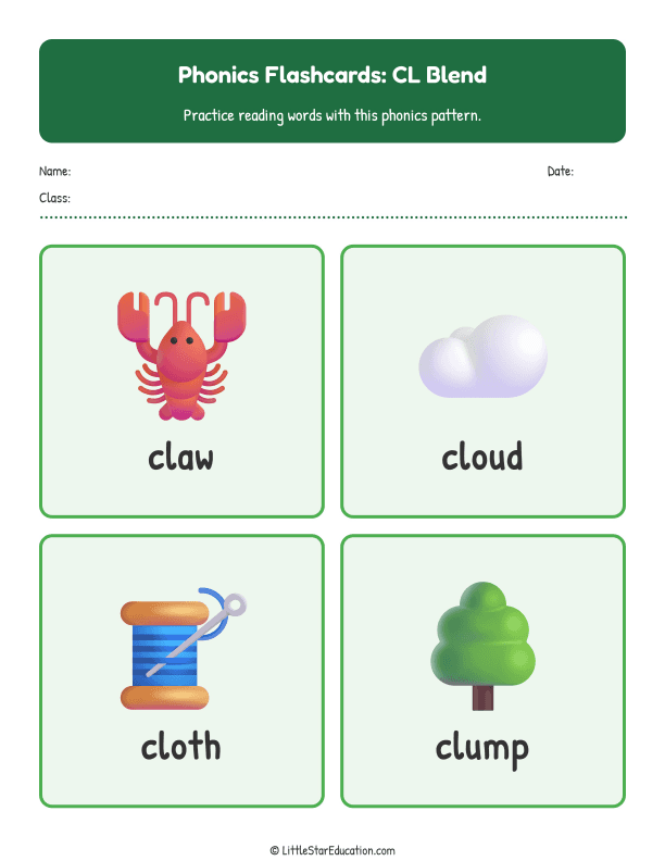 Elementary Phonics Flashcards Cl Blend
