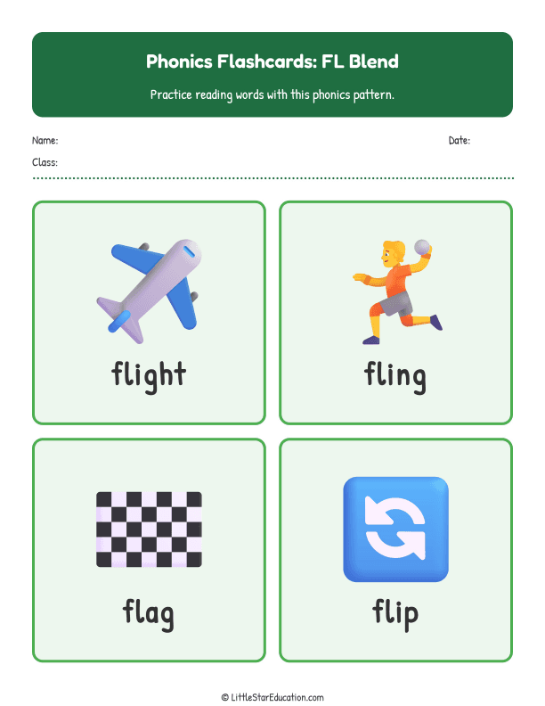 Elementary Phonics Flashcards Fl Blend
