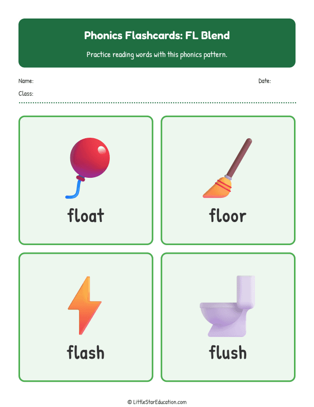 Elementary Phonics Flashcards Fl Blend