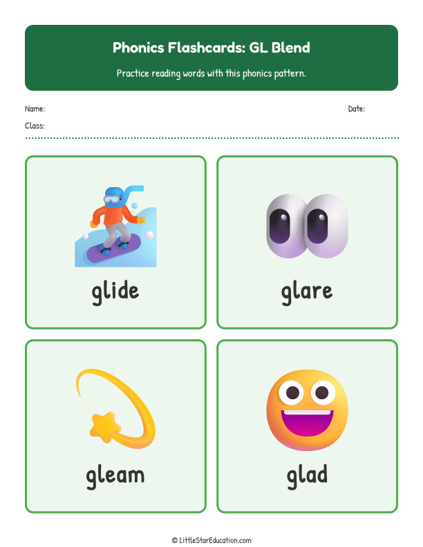 Elementary Phonics Flashcards Gl Blend