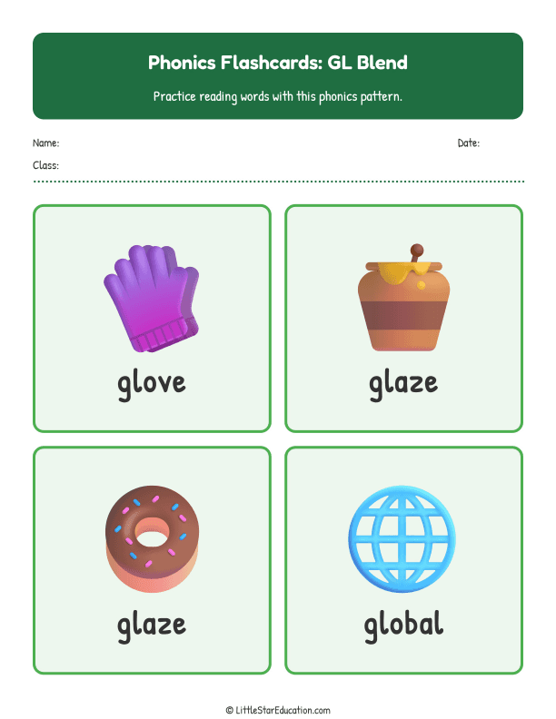 Elementary Phonics Flashcards Gl Blend