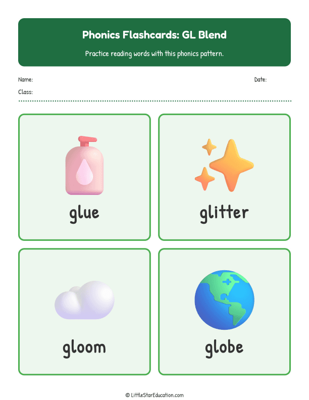 Elementary Phonics Flashcards Gl Blend