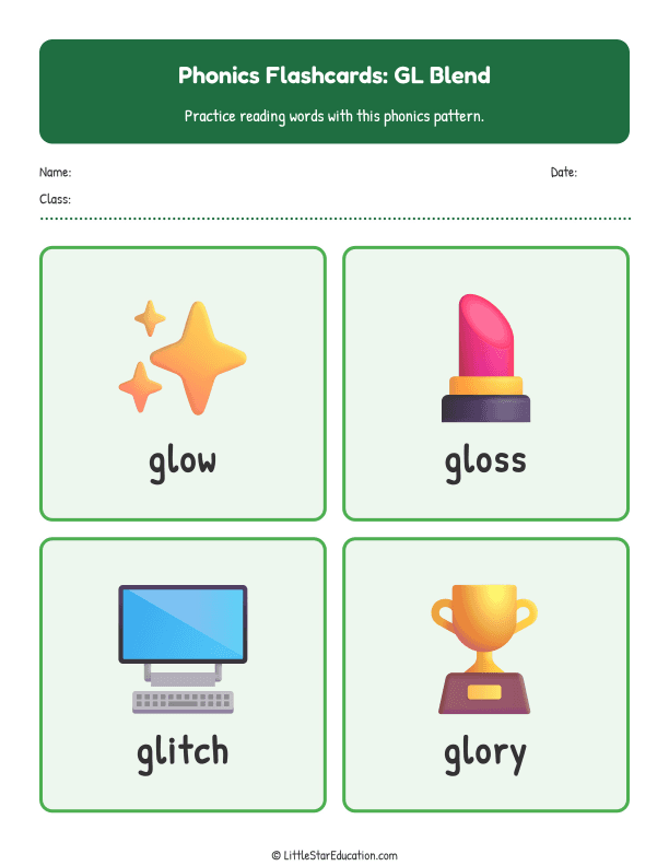 Elementary Phonics Flashcards Gl Blend