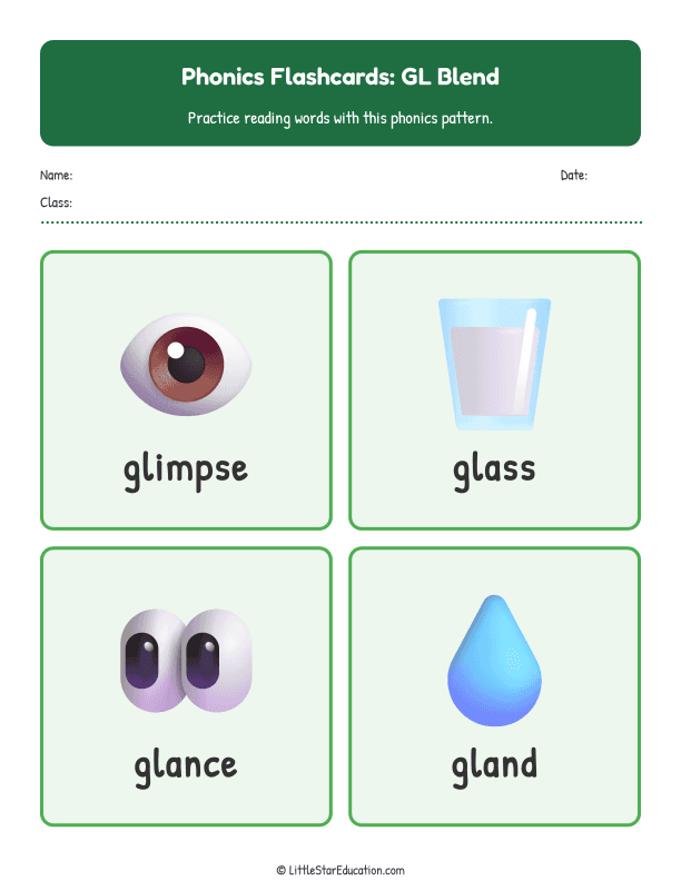Elementary Phonics Flashcards Gl Blend