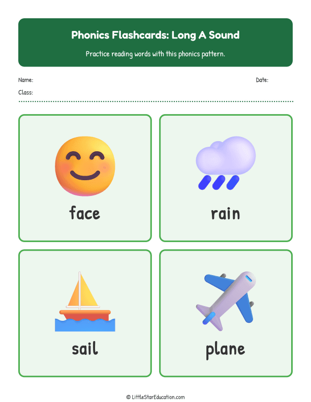 Elementary Phonics Flashcards Long a Sound
