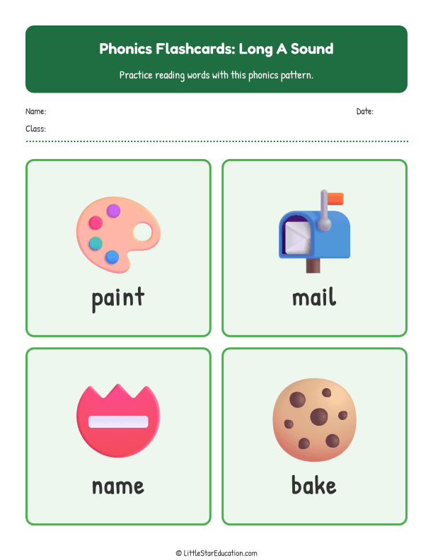 Elementary Phonics Flashcards Long a Sound