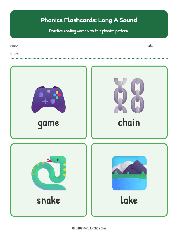 Elementary Phonics Flashcards Long a Sound