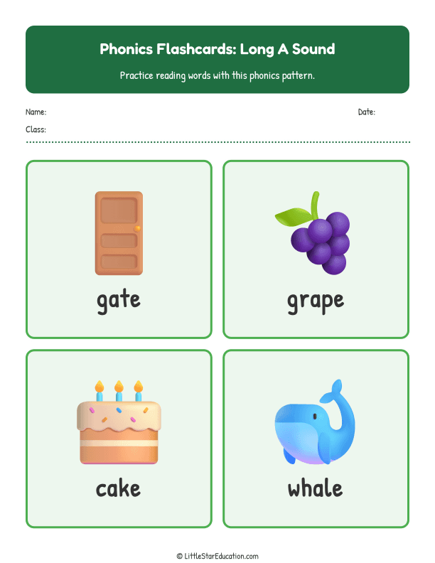 Elementary Phonics Flashcards Long a Sound