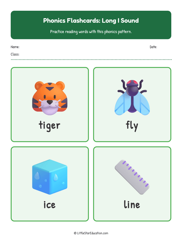Elementary Phonics Flashcards Long I Sound