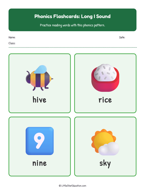 Elementary Phonics Flashcards Long I Sound