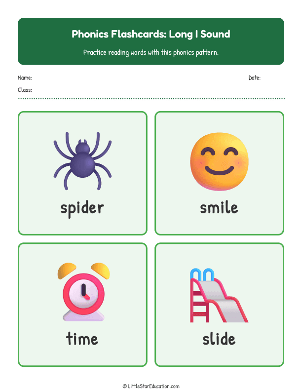 Elementary Phonics Flashcards Long I Sound