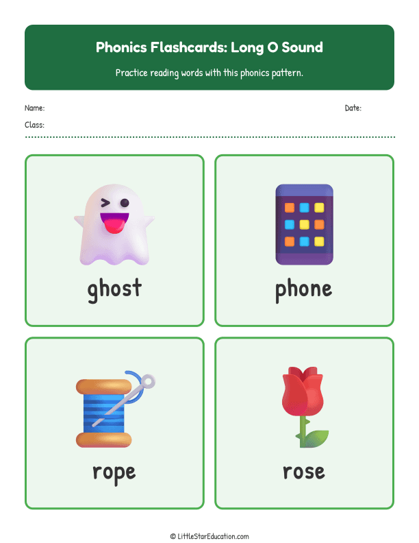 Elementary Phonics Flashcards Long O Sound