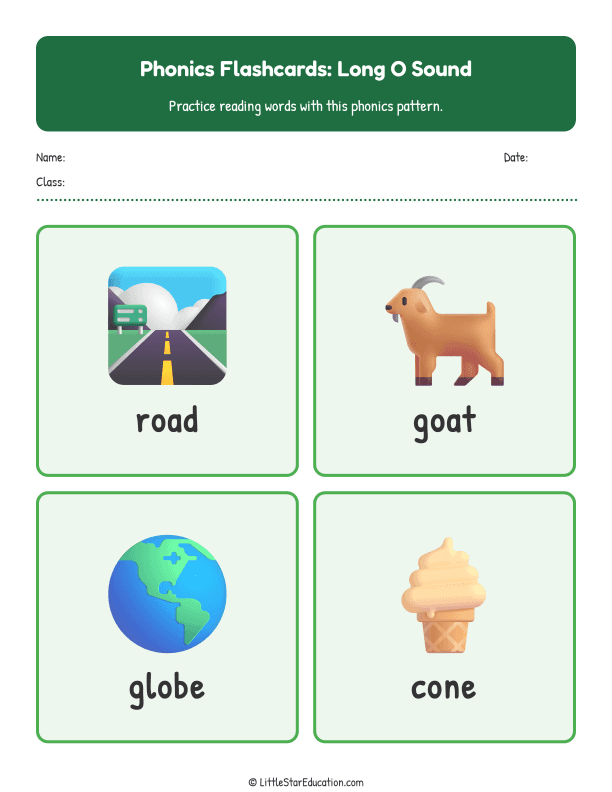Elementary Phonics Flashcards Long O Sound