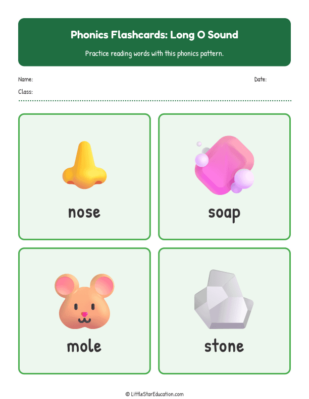 Elementary Phonics Flashcards Long O Sound
