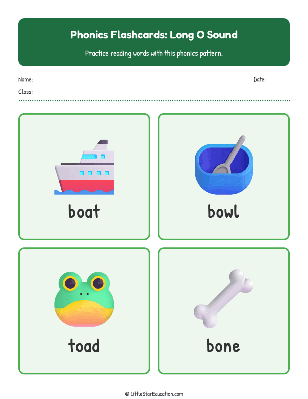 Elementary Phonics Flashcards Long O Sound