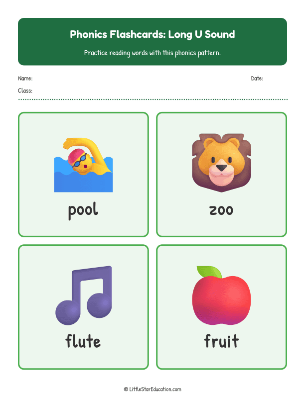 Elementary Phonics Flashcards Long U Sound