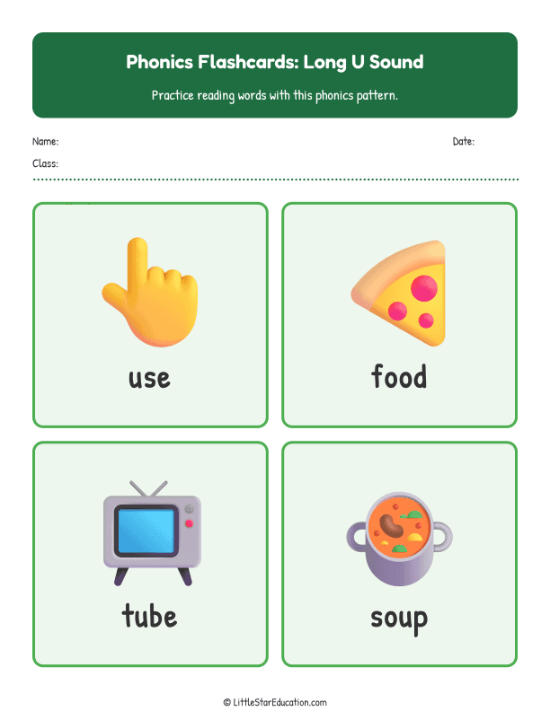 Elementary Phonics Flashcards Long U Sound