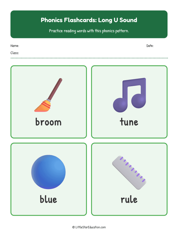 Elementary Phonics Flashcards Long U Sound