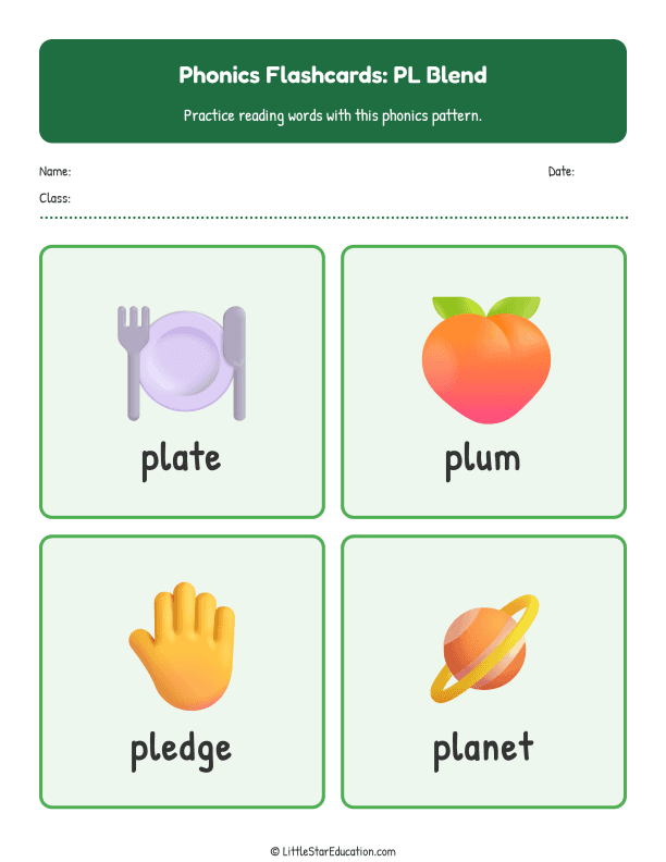Elementary Phonics Flashcards Pl Blend