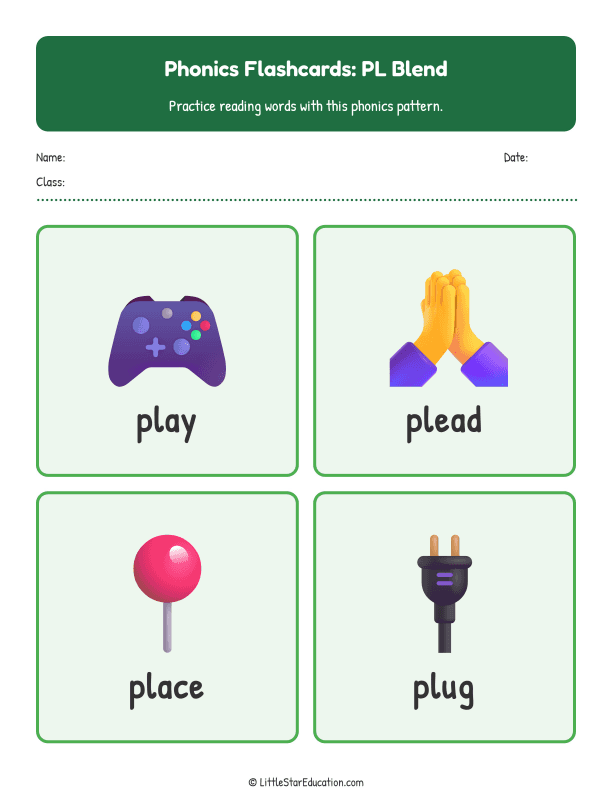 Elementary Phonics Flashcards Pl Blend