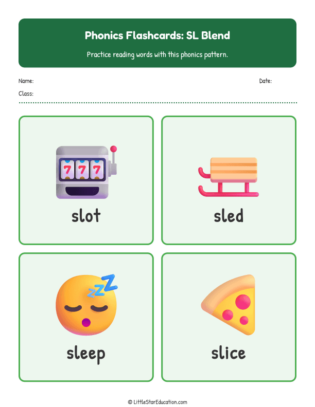 Elementary Phonics Flashcards Sl Blend