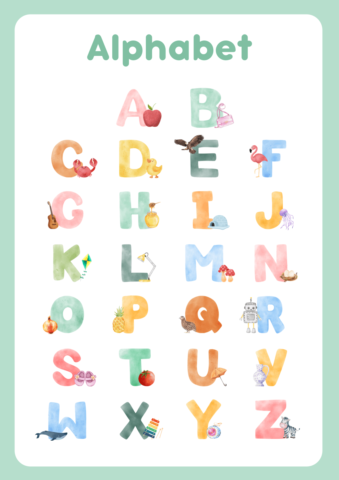 Green Colorful Illustrative Alphabet Poster