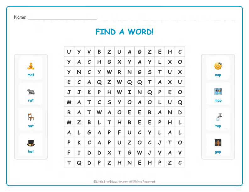 CVC Word Search – Short “a” Sound Words for Kids