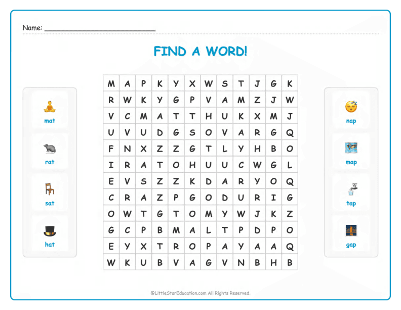 CVC Word Search – Short “a” Sound Words for Kids