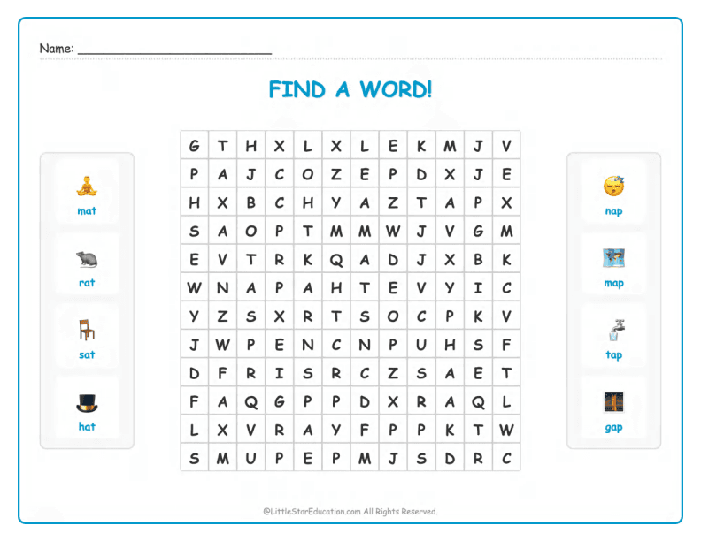 CVC Word Search – Short “a” Sound Words for Kids