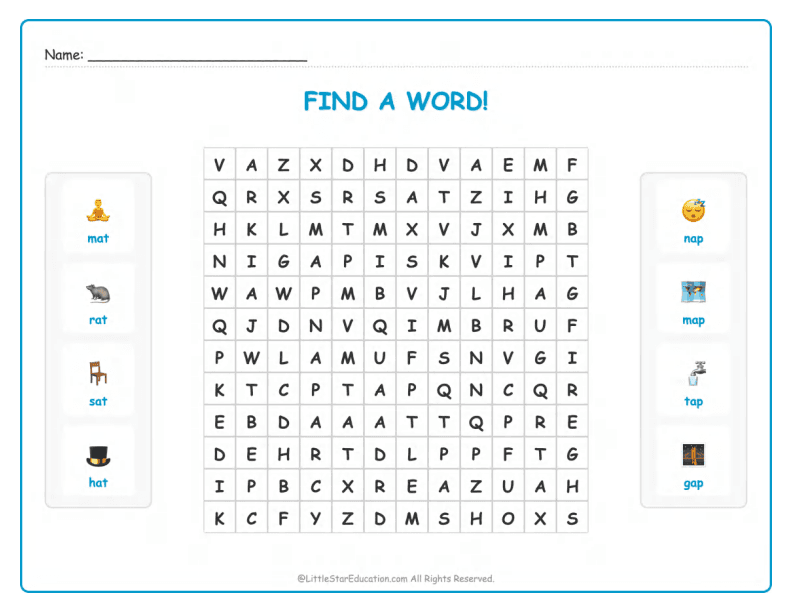 CVC Word Search – Short “a” Sound Words for Kids