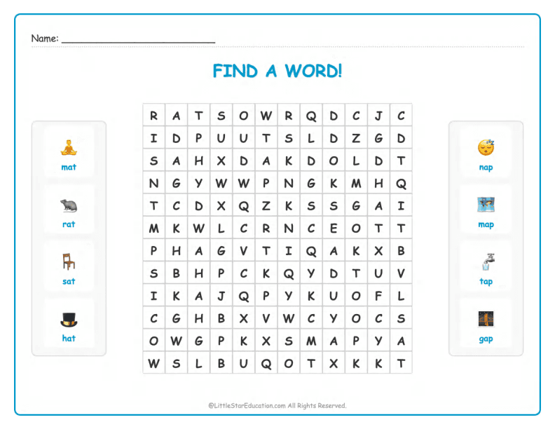 CVC Word Search – Short “a” Sound Words for Kids