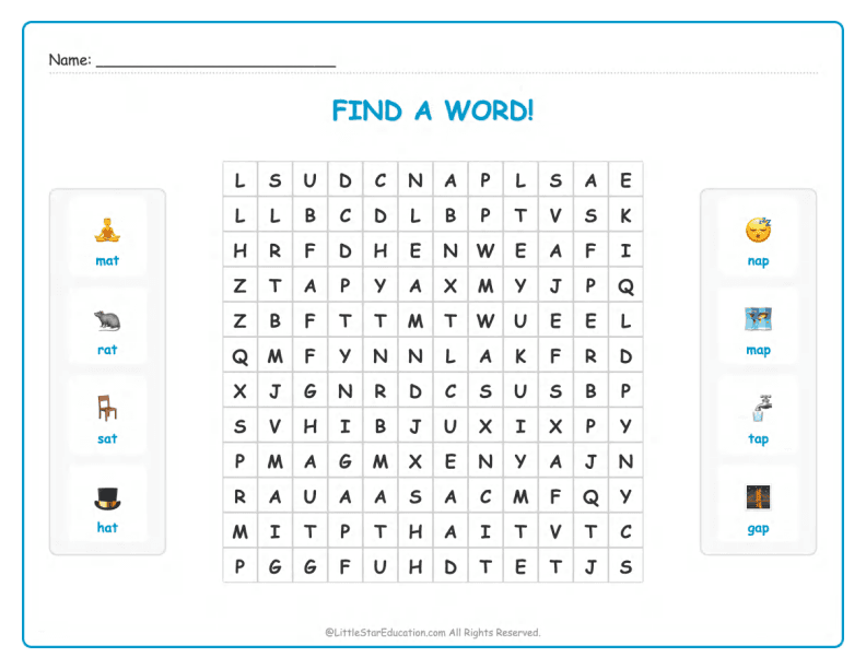 CVC Word Search – Short “a” Sound Words for Kids