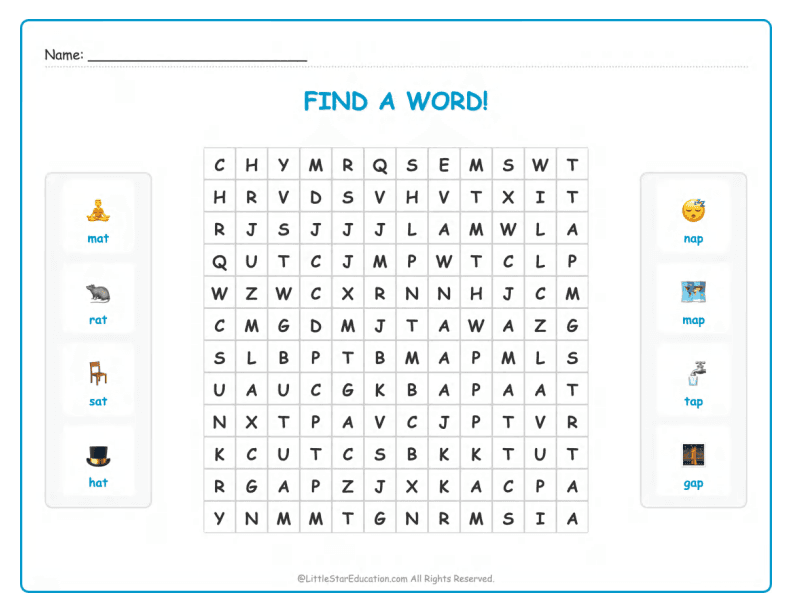 CVC Word Search – Short “a” Sound Words for Kids