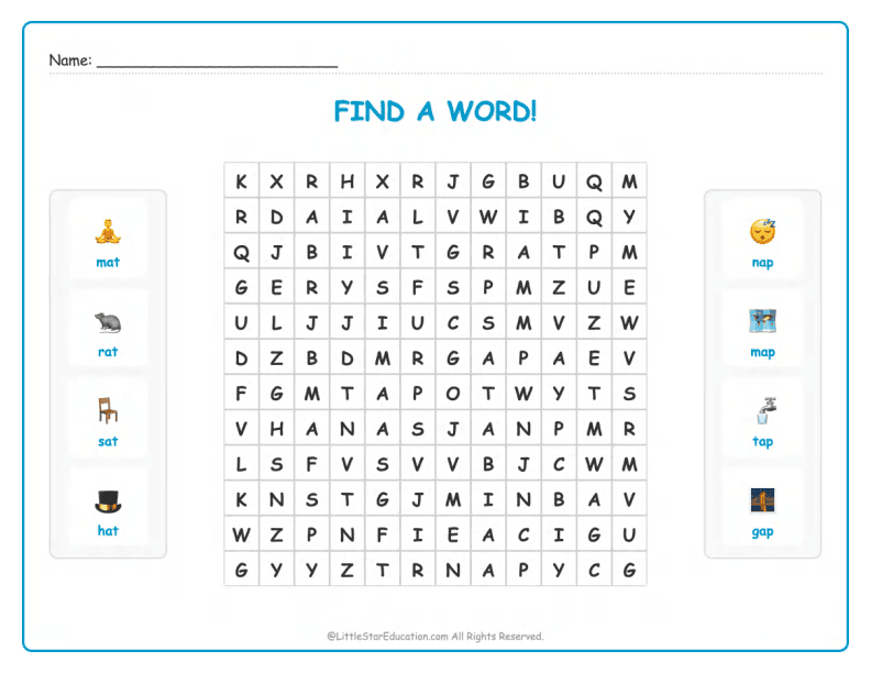 CVC Word Search – Short “a” Sound Words for Kids
