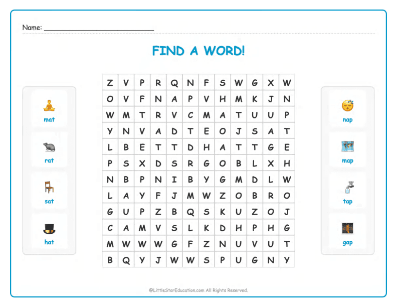 CVC Word Search – Short “a” Sound Words for Kids