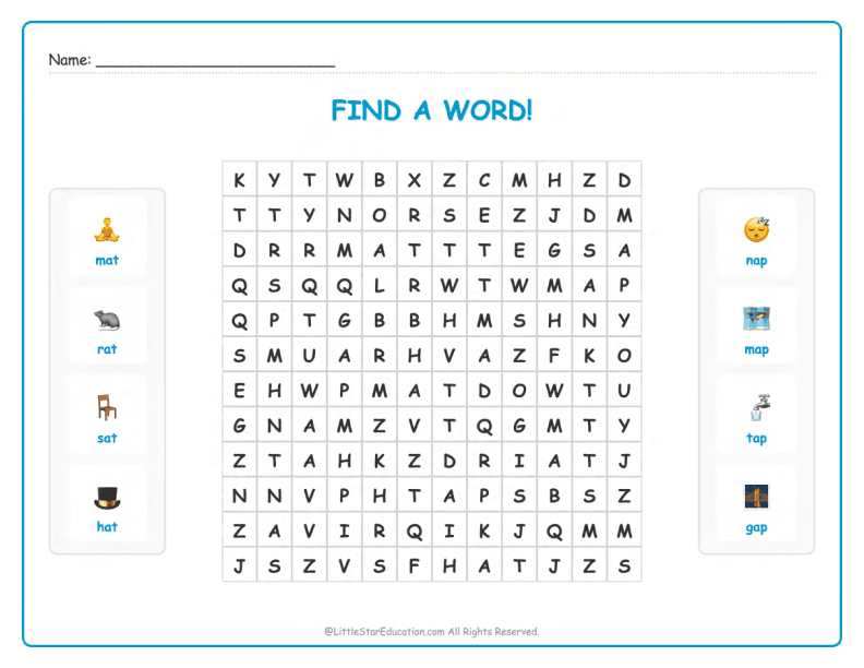 CVC Word Search – Short “a” Sound Words for Kids