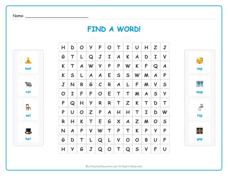 CVC Word Search – Short “a” Sound Words for Kids