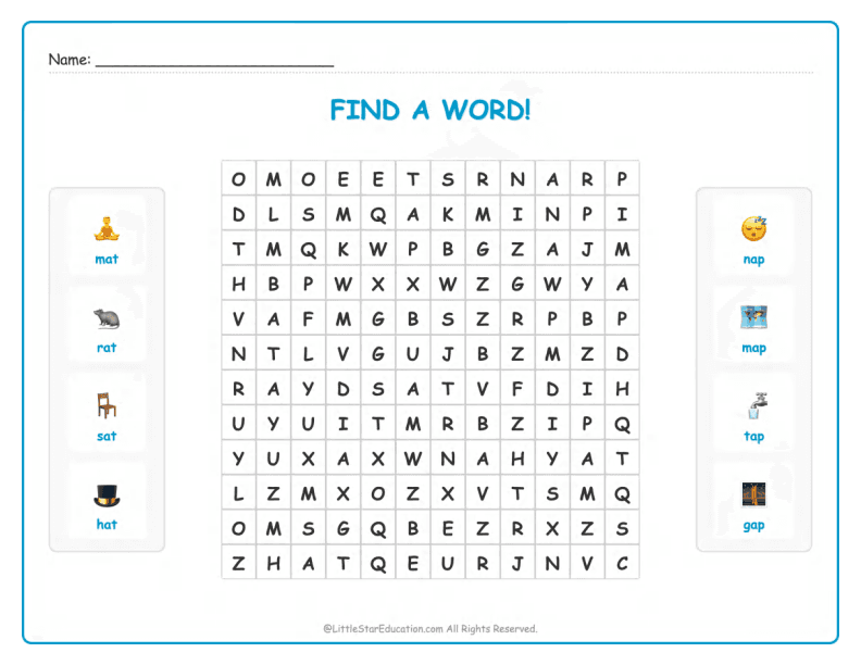 CVC Word Search – Short “a” Sound Words for Kids