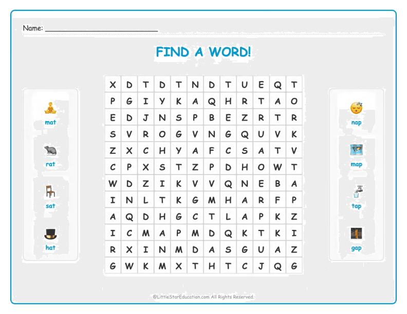 CVC Word Search – Short “a” Sound Words for Kids