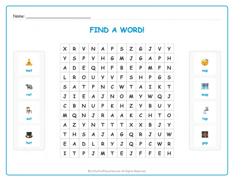 CVC Word Search – Short “a” Sound Words for Kids