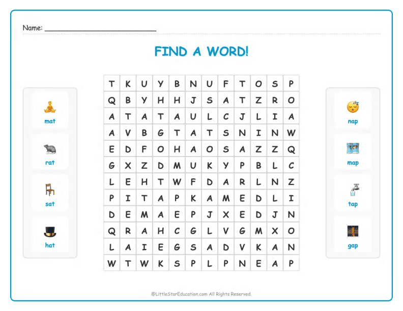 CVC Word Search – Short “a” Sound Words for Kids
