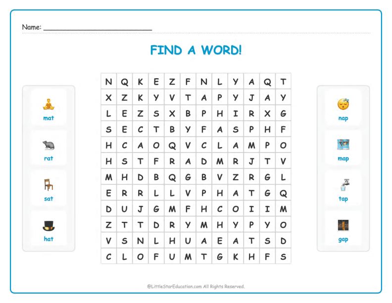 CVC Word Search – Short “a” Sound Words for Kids