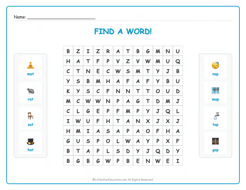 CVC Word Search – Short “a” Sound Words for Kids